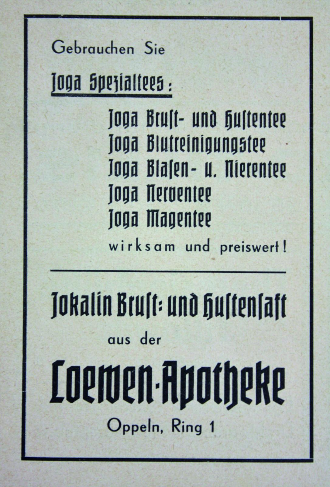Reklama Apteka pod Lwem, Oppelner Heimat-Kalender für Stadt und Land, 1937 r. APO