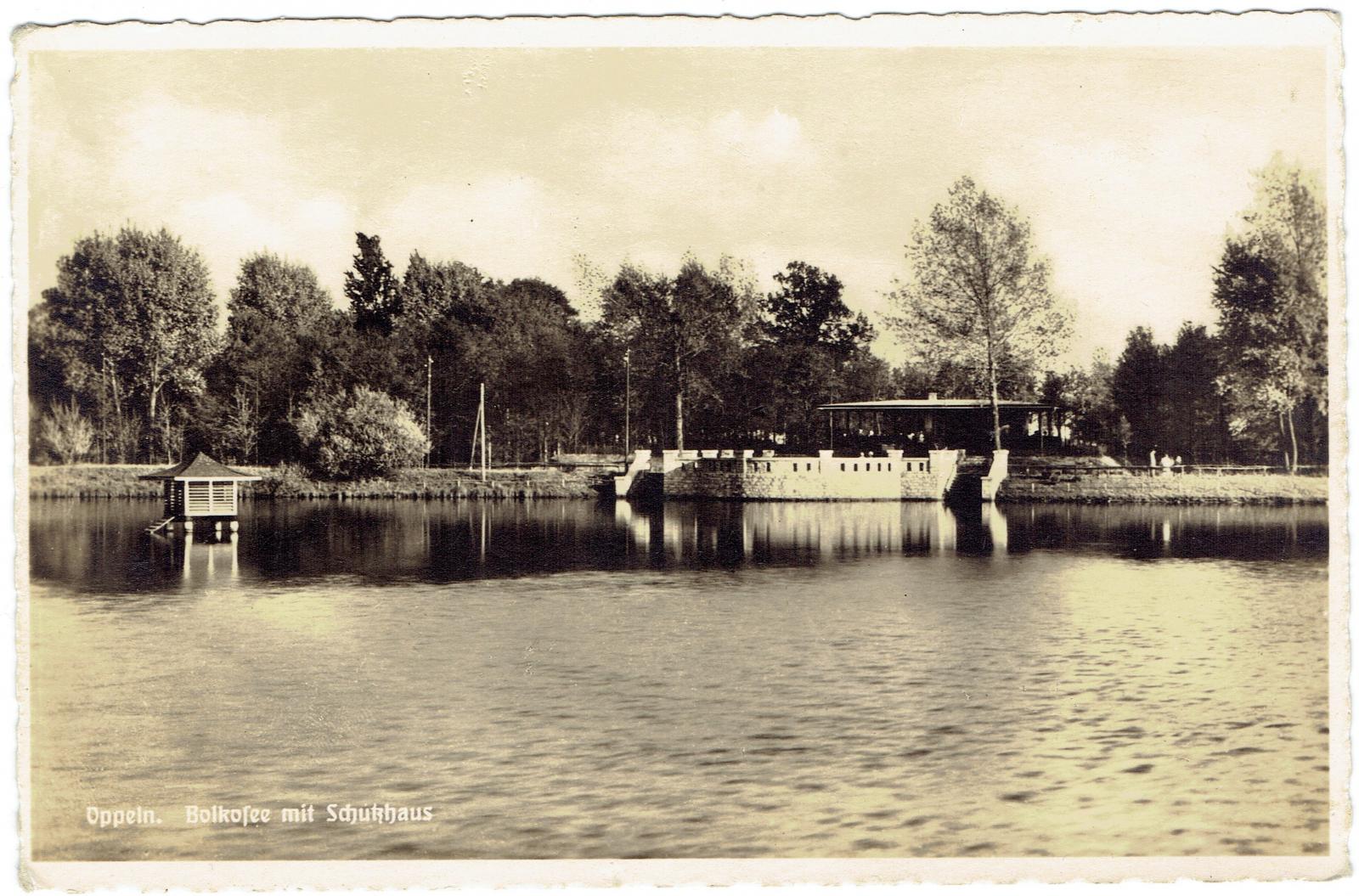 Kawiarnia nad stawem na wyspie Bolko, karta pocztowa, wyd. B. Scholz, Wrocław, ok. 1938 r.